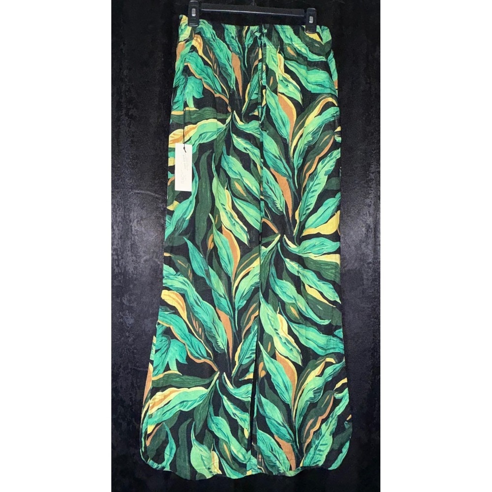 Rachel Zoe Tropical Leaf Print Linen Blend Wide Leg Pants Green Yellow Small NWT
